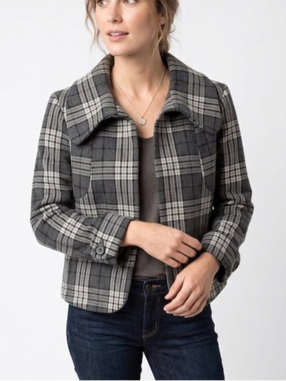Simons Gray Black Plaid Cropped Jacket Wide Collar  Blazer Coat